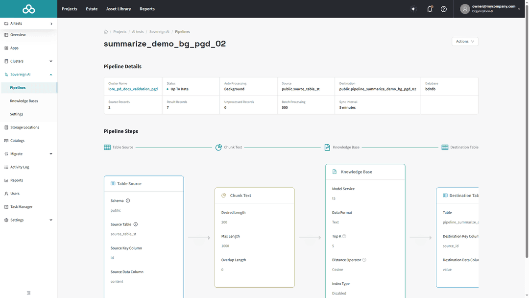 Pipeline detail page showing execution status, source and destination record counts, and pipeline configuration