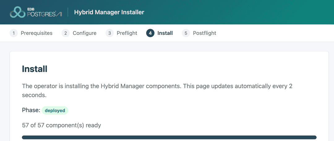 Install complete: phase "deployed", 57 of 57 components ready.