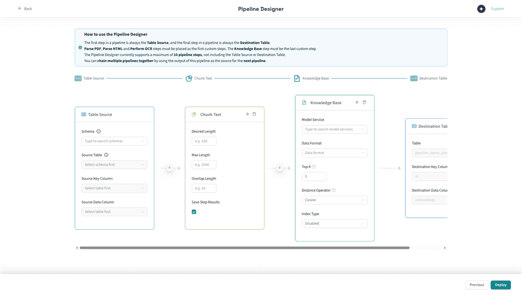 Pipeline steps with reorder and delete controls for adjusting step sequence