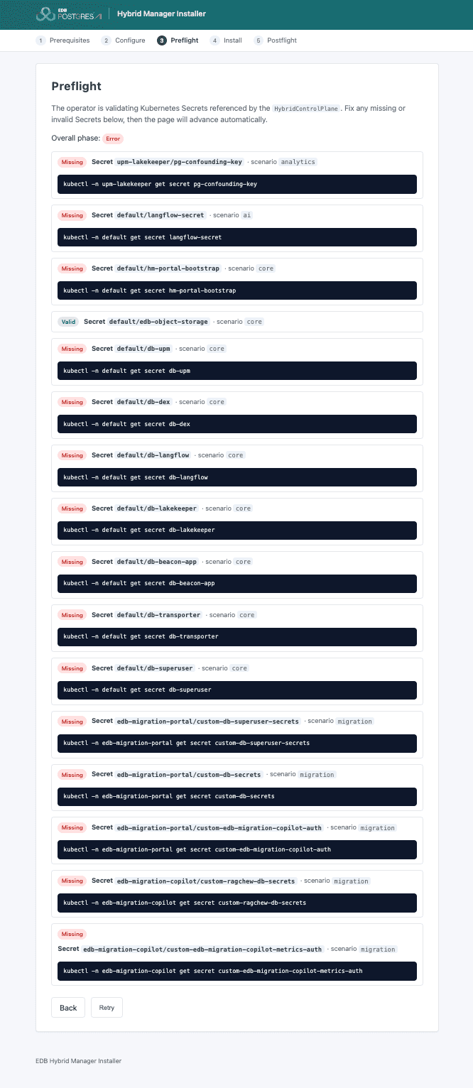 Preflight listing every secret the selected scenarios require, most reporting Missing and one — edb-object-storage — already Valid. Overall phase reads Error until all of them do.