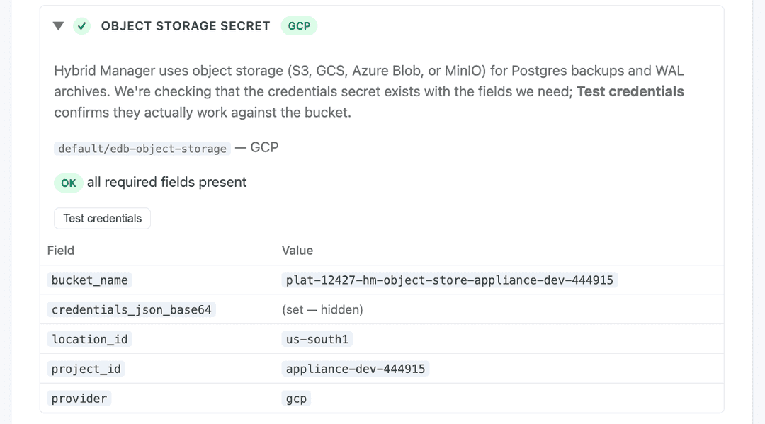 After creating the secret, the row detects the provider (GCP here) and confirms all required fields are present, with a Test credentials control and the field table below.