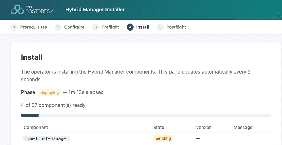 Install mid-run: phase "deploying", 4 of 57 components ready.