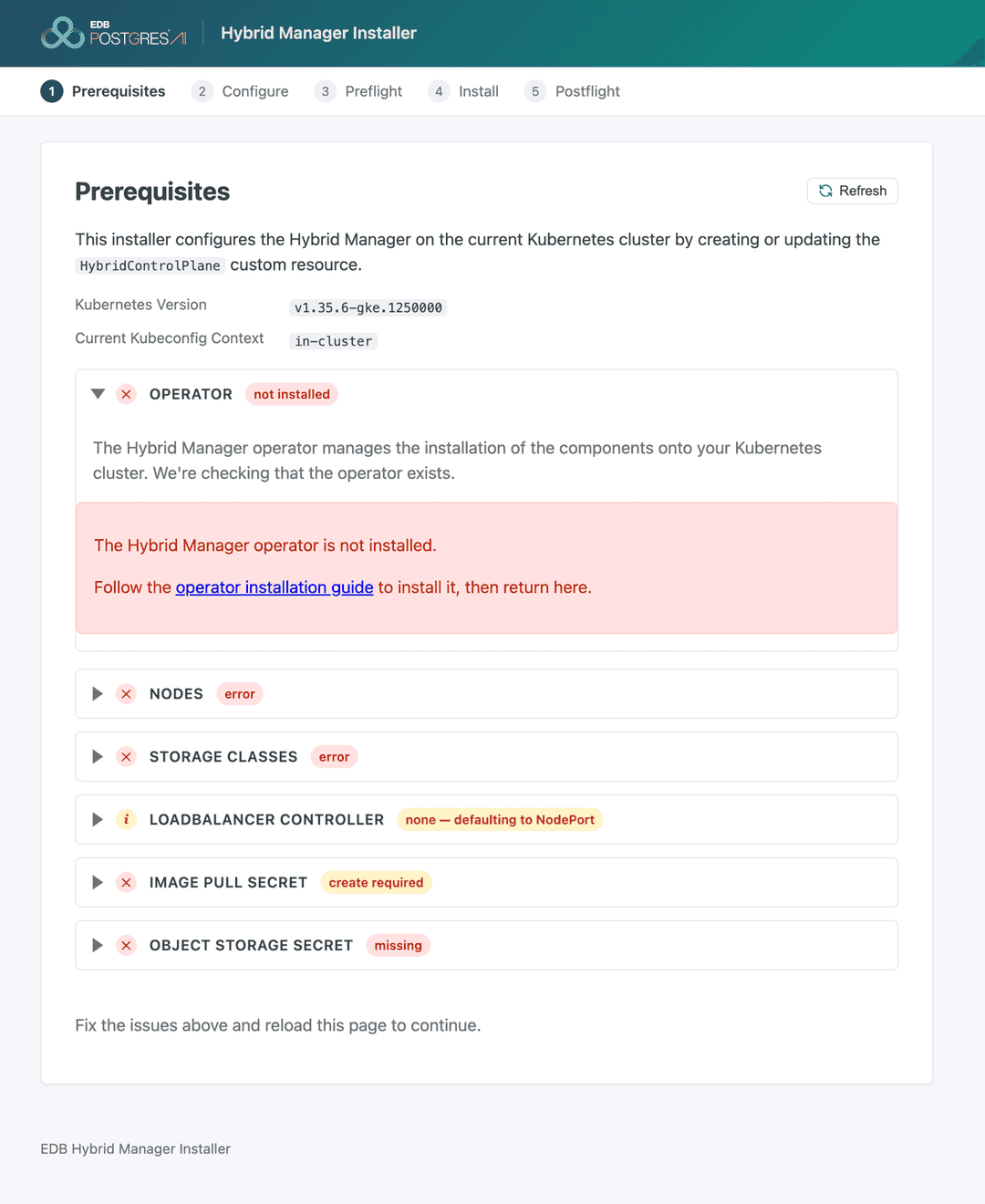 The Prerequisites screen on a fresh cluster: every row reporting red or amber, and "Fix the issues above and reload this page to continue" in place of Begin.