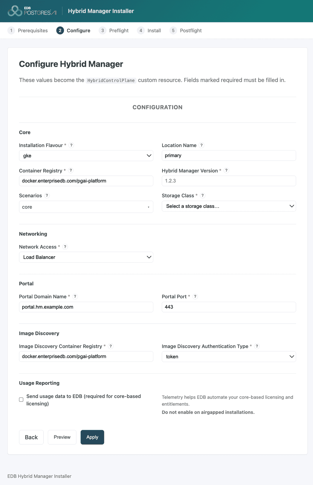 The Configure screen in its default state: auto-detected values filled in, the rest at placeholders, and no Scenario Configuration section yet because only core is selected.