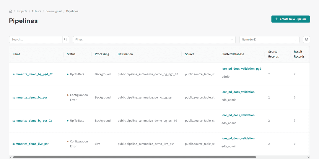 Pipeline list showing status indicators, record counts, and processing state for each pipeline